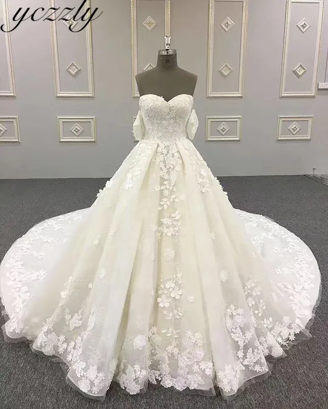 Vestido De Noiva горячая Распродажа бальное платье с открытыми плечами кружевное свадебное платье с аппликацией плюс размер длинное свадебное платье Часовня Поезд YW11