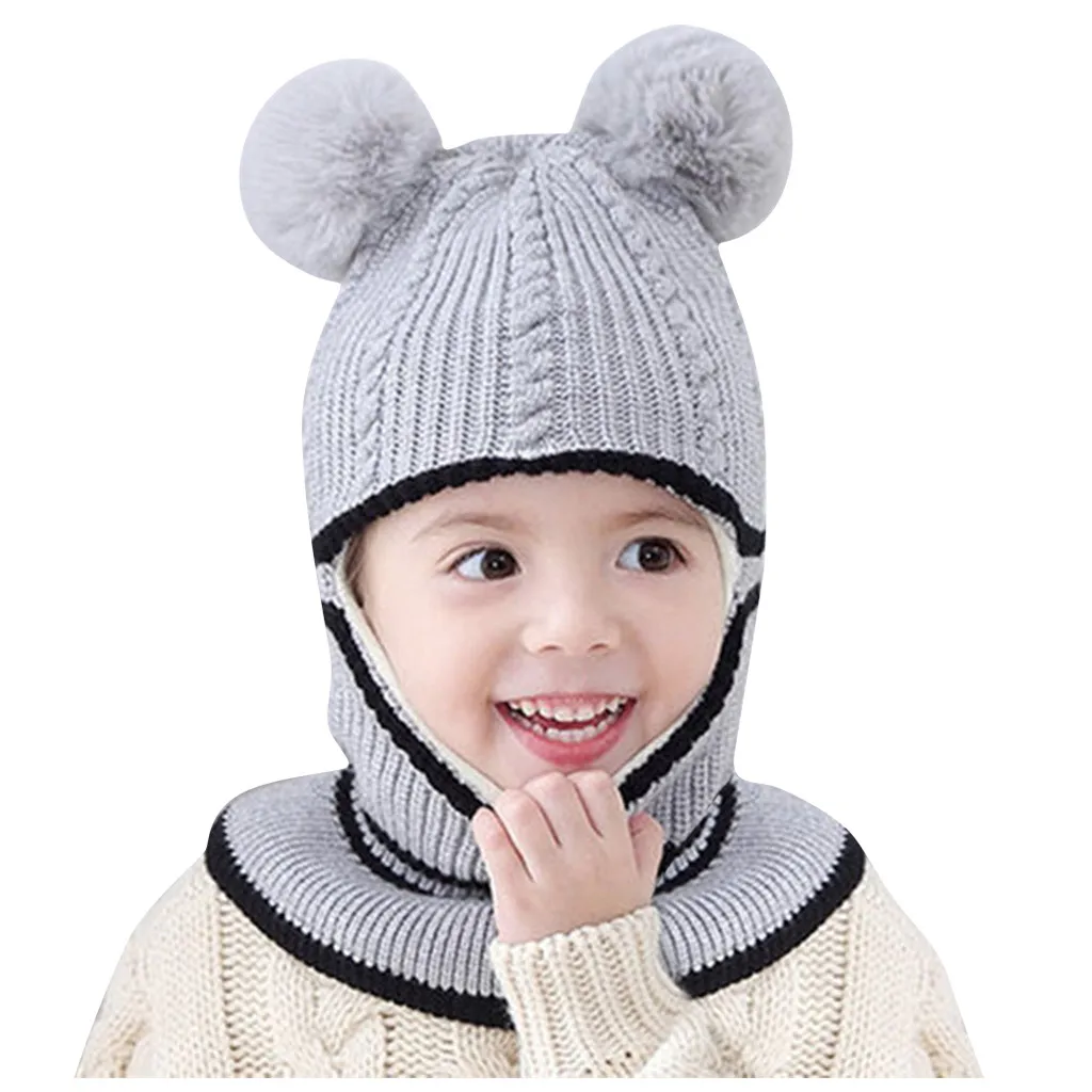 Baby Cat Ear Winter Hat Children Winter Fox Ear Hats For Girls&Boy Cotton Thick Warm Knitted Beanie Fox Fur Pompom Cap HOOLER