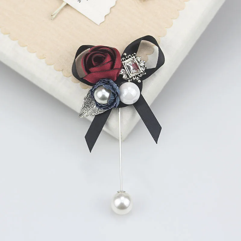 

High-end Rhinestone Cloth Flower Bow Pearl Brooches Pins Suit Dress Lapel Pin Long Needle for Women Wedding Jewelry Accessories