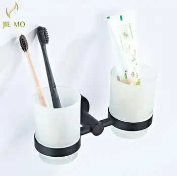 

Black Cup & Tumbler Holders solid Brass Toothbrush With 2 Frosted Glass Cups Holder Bathroom Accessories Toothpaste Holder B60