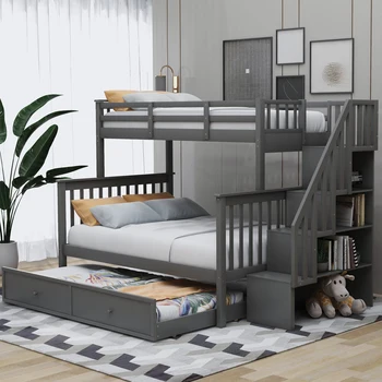 

Twin Over Full Bunk Bed with Trundle Platform Bed Storage Shelves Bedroom Furnitures for Kids Teenager Adults