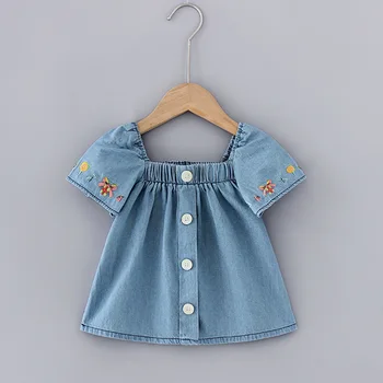 

Baby Girls Sweet Short-Sleeved Embroidered Denim Shirt Fabric Shirt A- line Princess Shirt kids baby girl cloths