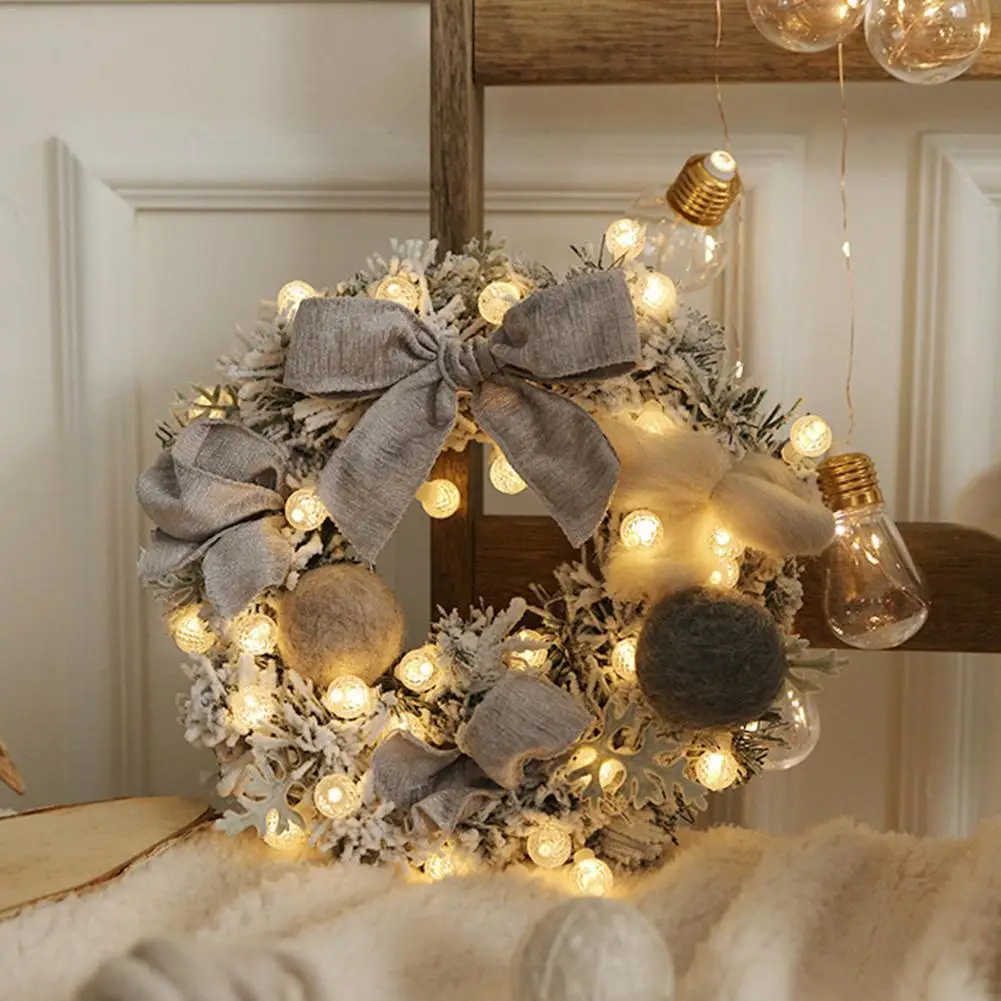 Christmas Wreath Artificial Rattan Flower Flocking Door Decoration String Light Illuminate Advent | Дом и сад