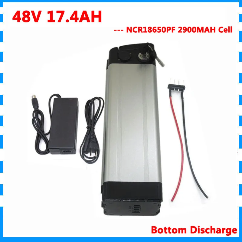 

Free customs duty 48v 17.4ah lithium ion battery 1000W 48V 17ah ebike silver fish battery use Panasonic 2900mah cell 2A Charger