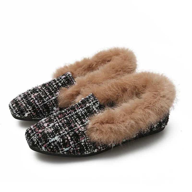 Женская твидовая обувь на плоской подошве с натуральным кроличьим мехом мягкой