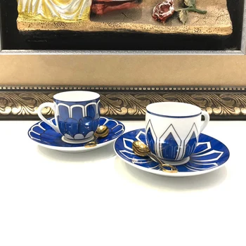 

2 Mini Blue Espresso Cups Saucers Set With Spoons Gift Box Bone China European Home Decor Porcelain Coffee Tea Cup Luxury Gifts