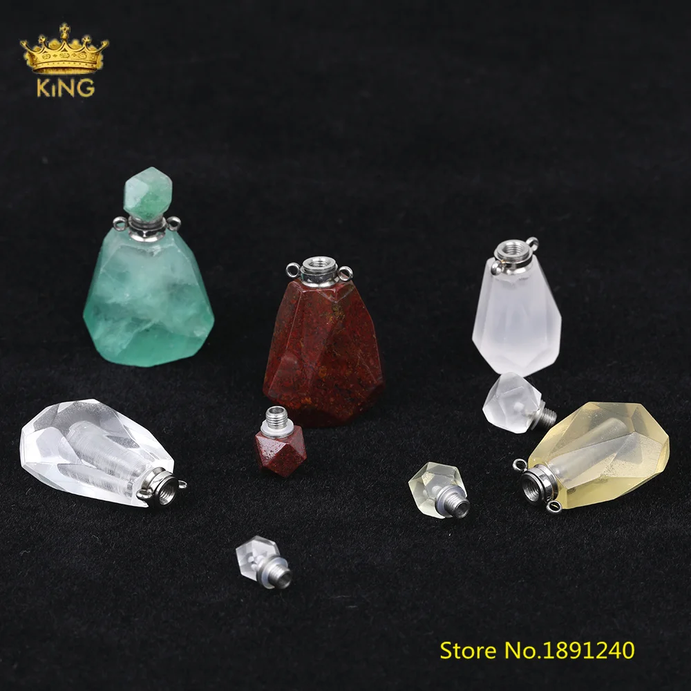 Natural Pink Quartz Perfume Bottle Silvery Chain Pendant Necklace Women Crystal Stone Essential Oil Bottle Jewelry SA-09KBCB