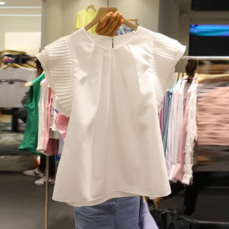 

Yocalor 2019 New Korean Solid White Summer Women Blouse O-neck Short Sleeve Pleated Female Blusas Fahion Loose Casual Blusa
