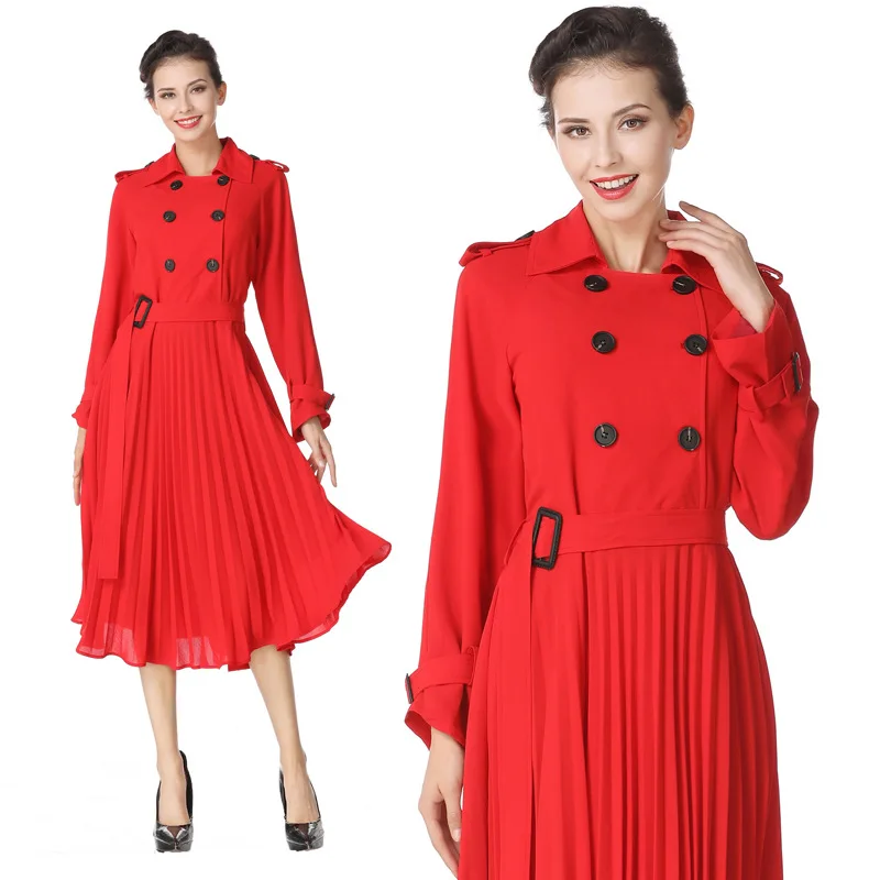 

7519 # Spring New Style Windbreaker Dress Women's Fashion Elegant Waist Hugging Slimming Long Sleeve Pleated Skirt