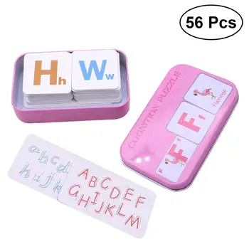 

56Pcs Cognition Puzzle Jigsaw Flash Cards Early Education Learning Toys with Tin Box (Animals)