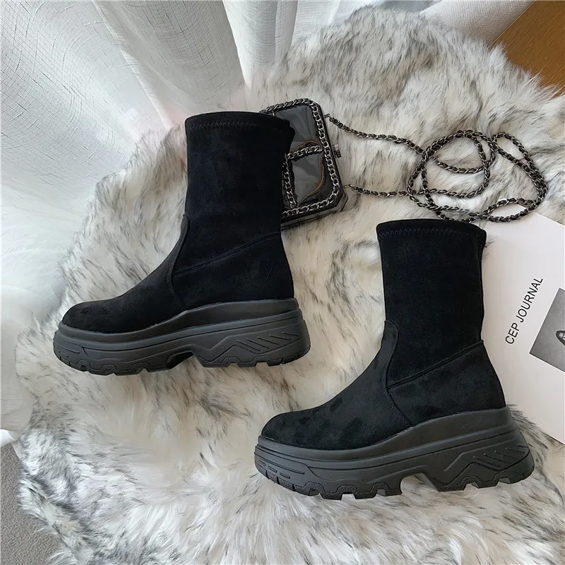 LMCAVASUN Platform Ankle Boots Shoes Woman Suede Equestrian Winter Thick Sole Lace-up Women Shoes Waterproof Martin Boot