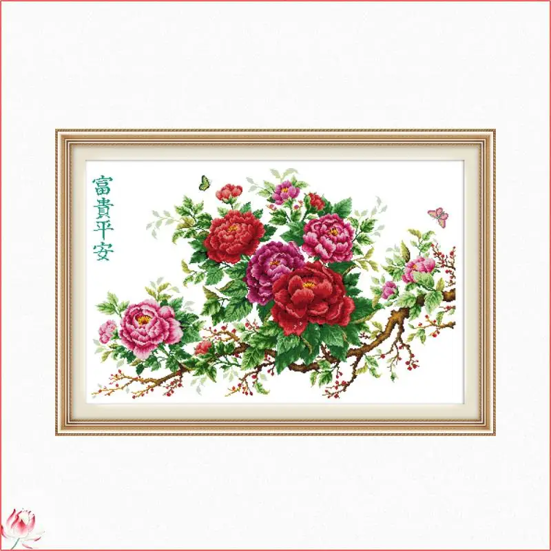 

The Peony Flowers Counted Cross Stitch Kits Printed Canvas Embroidery Needlework Sets 11CT 14CT Diy Needlework Wall Paintings