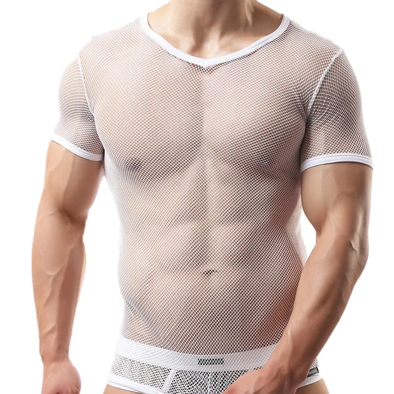 Сексуальная тонкая мужская Нижняя майка, сетчатые футболки, прозрачные футболки с коротким рукавом для фитнеса, прозрачные топы, футболки, мужская одежда, мужское нижнее белье - Цвет: White