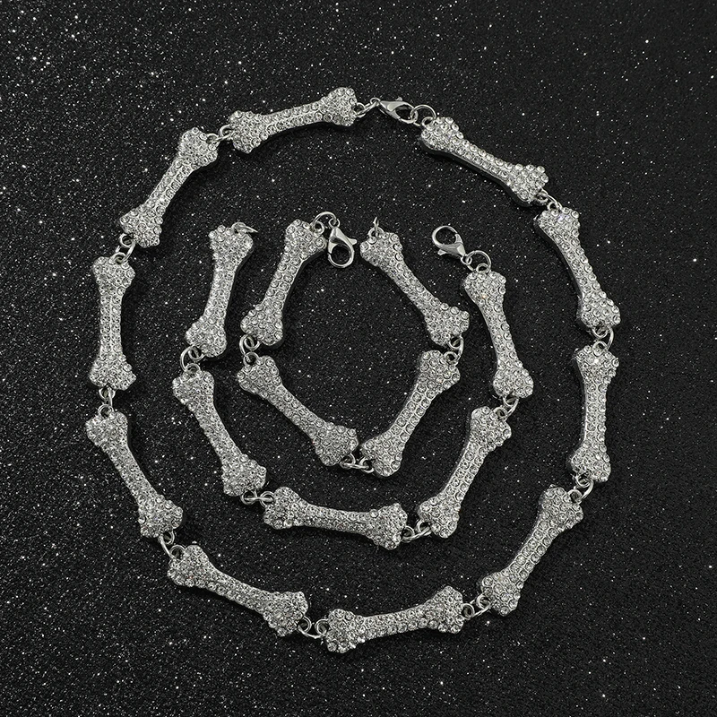 2022 Bone Necklace Iced Out Crystal Choker Necklaces Hip Hop Bone Element Clavicle Chain Men's Women's Gothic Party Jewelry
