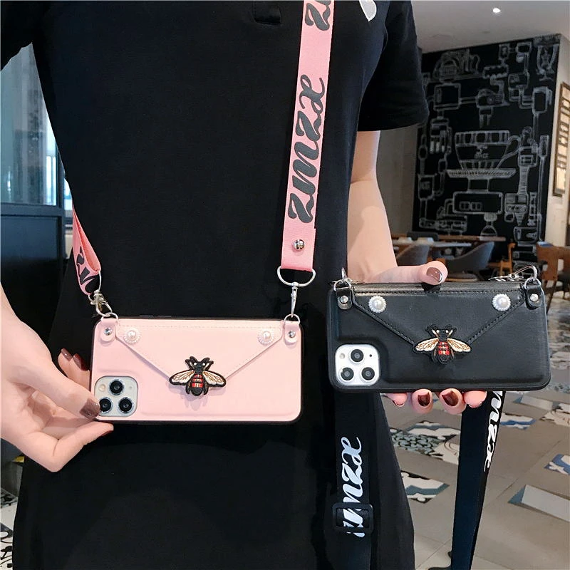 

Bee Crossbody Wallet Phone Case for IPhone 11Pro Max Case XS MAX XR 7 8 6 6S Plus Leather Card Slot Lanyard Shoulder Strap Cover