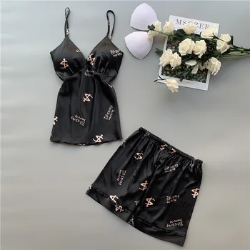 

Women's Sleepwear Sexy Satin Pajama Set V-Neck Pyjamas Sleeveless Cute Cami Top and Short pijama mujer