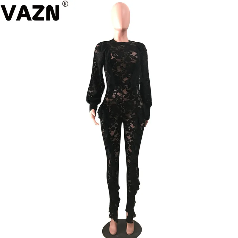 VAZN YD8042 модные синие плиссированные кружевные новые длинные штаны сексуальный женский комбинезон с круглым вырезом и длинными рукавами сплошные спортивные костюмы длинный комбинезон