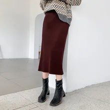 Harajuku однотонная трикотажная юбка миди для женщин осень зима Свободная юбка с разрезом сзади офисная одежда эластичные вязаные длинные юбки
