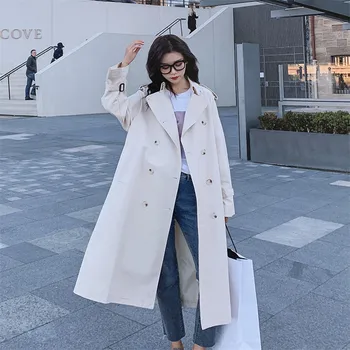 

Spring Mid-length Off-white Chic Epaulet Trench for women with belt ropa mujer otoño New Double breasted Casual Windbreaker Coat