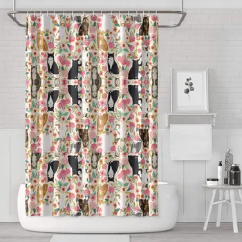 

Cats Breed Lady Cat Lover Florals Shower Curtain Bath Curtain Set Polyester Cloth Cool Pattern Soft Decorative Space Bathroom