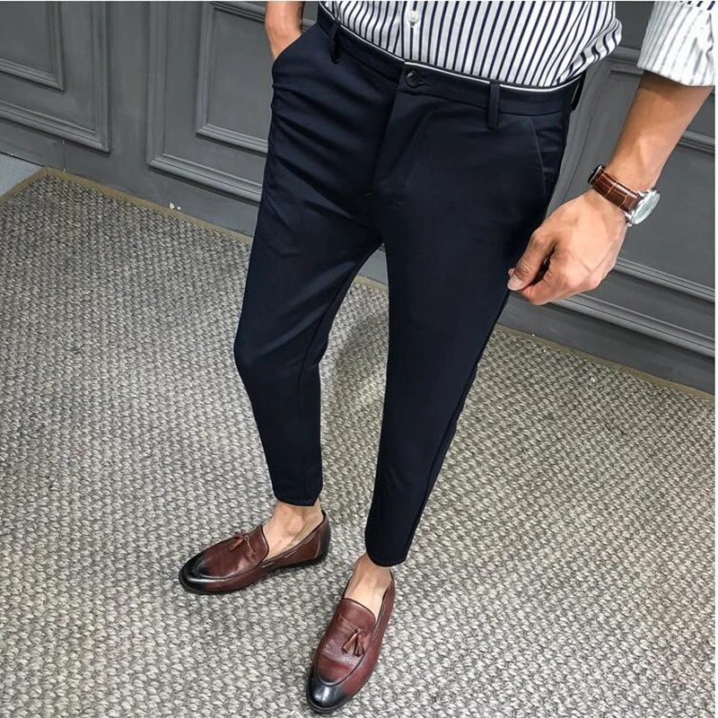19 夏男スリムパンツ男性スマートカジュアルなズボンチェック柄薄型夏の新ファッションメンズビジネススーツパンツ黒海軍ブルー Suit Pants Aliexpress