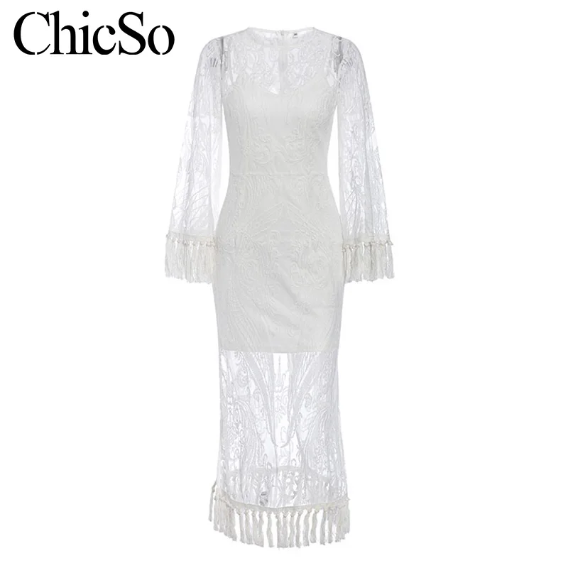 MissyChilli винтажное Сетчатое белое платье с вышивкой и кисточками женское элегантное облегающее платье миди осеннее сексуальное Вечерние платья с длинными рукавами sfesta
