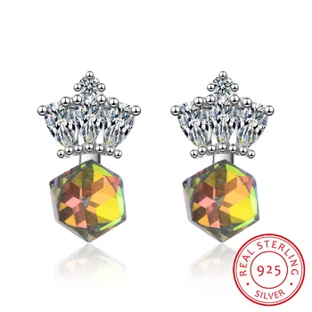 

Colourful Crystals Cube Stud Earrings 2019 Fashion 925 sterling silver Crown Zirconia Earring Party Jewelry Women Gift