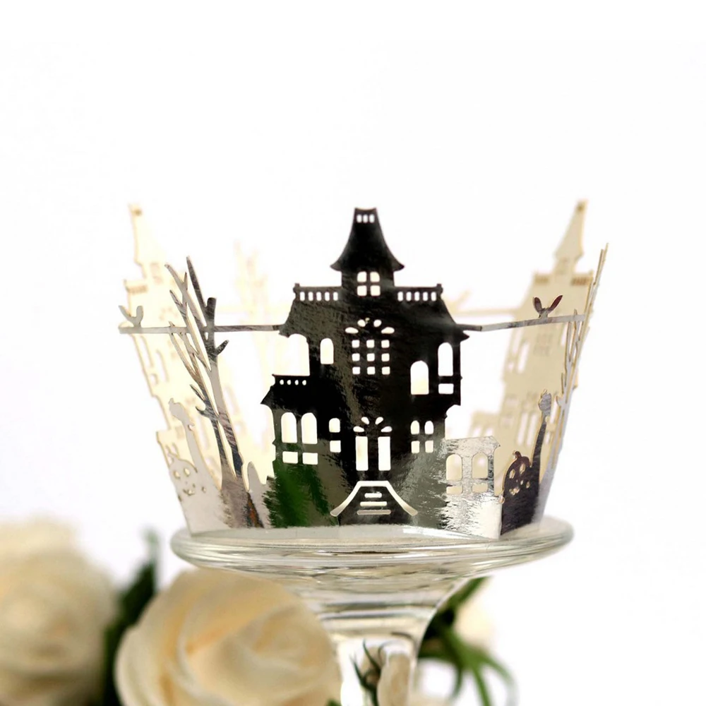 

12Pcs Halloween Cupcake Wrapper Baking Cup Hollow Out Paper Cake Wrapper Witch Spiderweb Castle Halloween Decoration