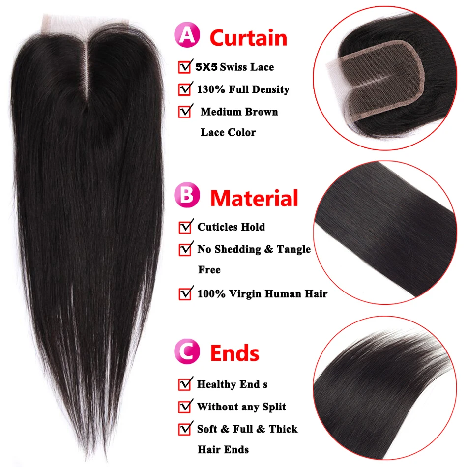 Pacotes de Cabelo Reto com Fechamento Feixes de Cabelo Pacotes com Fechamento do Laço e Pacotes Elisheva Remy Peruano Humano 4x4 3 3 Pacotes com 3/4 com fecho