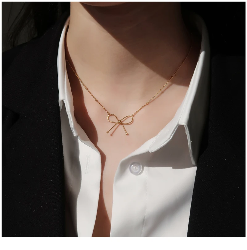 Timeless Wonder Titanium Sweet Bowknot Wrap Neck Choker Necklace Women Stainless Steel Jewelry Trendy Boho Ins Gold Top 5228