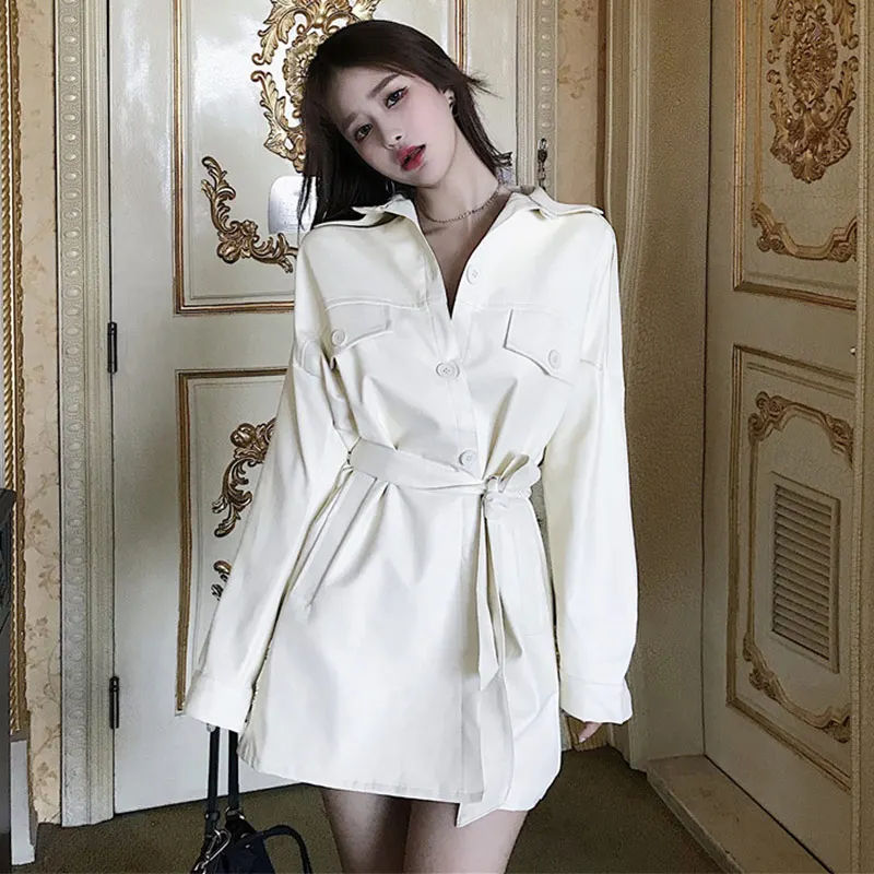Бежевый Fashion New Design PU Faux Leather Womens Jacket Coat Lace Up Autumn Ladies Tops Streetwear New Korean Style Female Clothes - Цвет: Бежевый