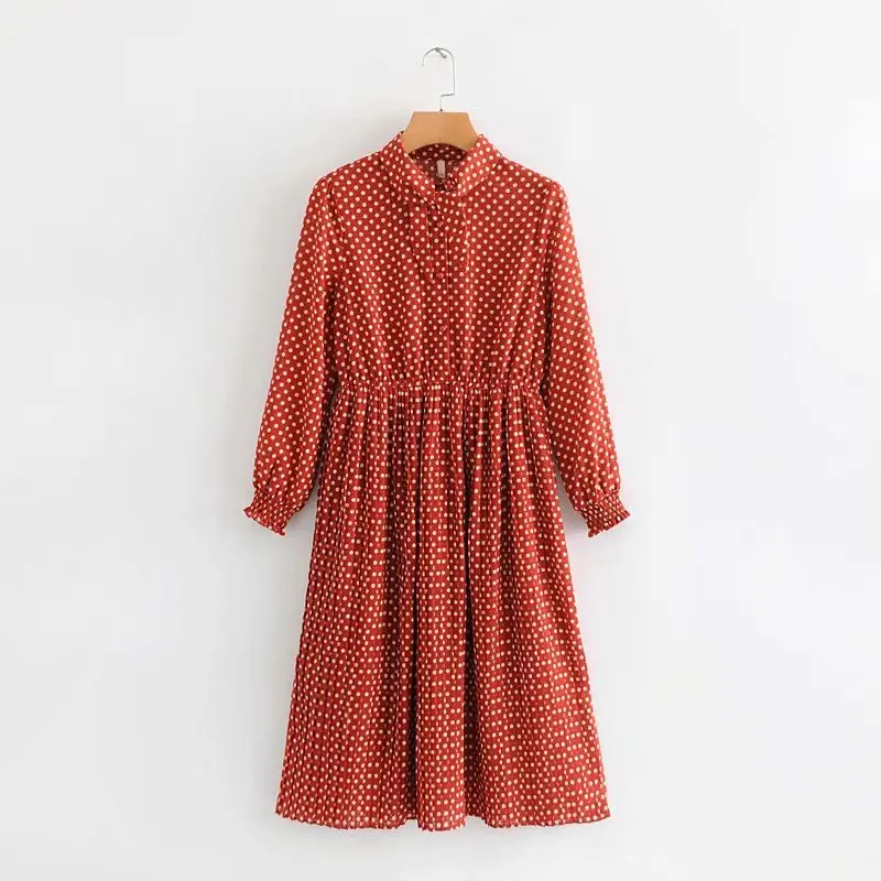 

Rm-1812-44 WOMEN'S Dress Retro Polka Dot Double Color Bow-Accent Corset Pleated Mid-length Dress
