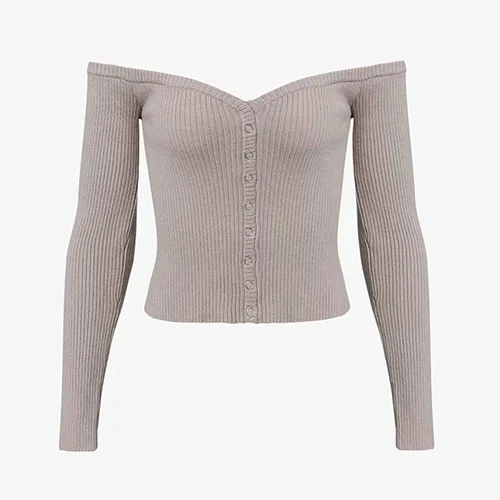 Brown OOTN элегантная белая футболка с открытыми плечами ребристая Однотонная футболка женская тонкая футболка Топы с длинным рукавом осень зима женская футболка цвета хаки - Цвет: Brown