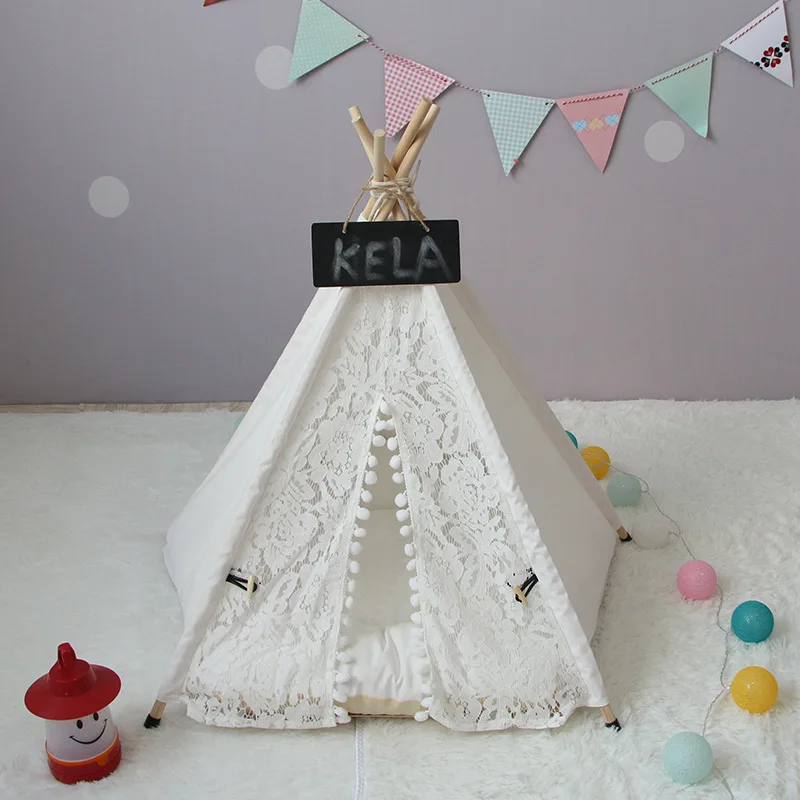 RFWCAK Lace Pet Tent Dog House Washable Winter Tent Puppy Bed Cat Kennel Portable Teepee With Cushion Kattenmand Pet Supplies