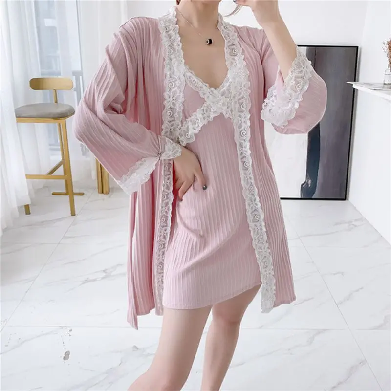 Осень/Зима пижама из чистого хлопка Женщины Японии Кружева sexy Холтер Ночная рубашка-Пеньюар комплект из двух предметов, костюм с длинными рукавами комплект детской одежды, костюмы