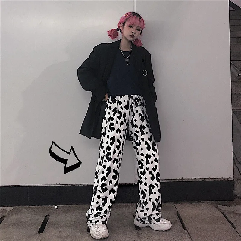 Deeptown Cow Print Wide Leg Pants for Women Korean Style Oversized Women Fashion Pants Harajuku Autumn 2020 Plus Size Trousers