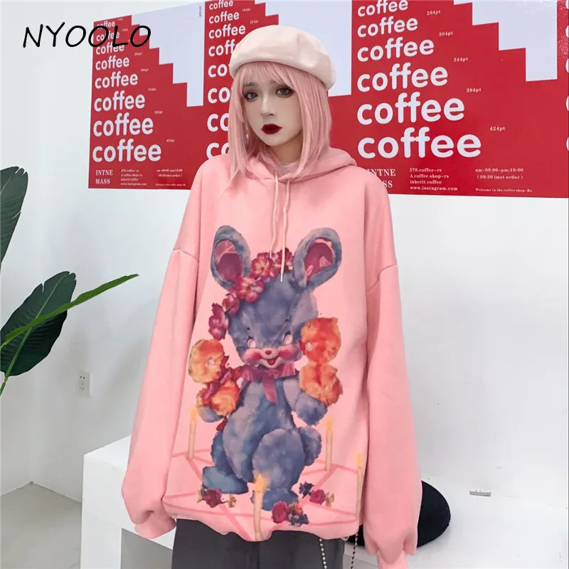 NYOOLO Harajuku стиль мультфильм милый кролик печати свободные плюс бархат теплые толстовки осень зима пуловер с капюшоном Толстовка для женщин - Цвет: Розовый