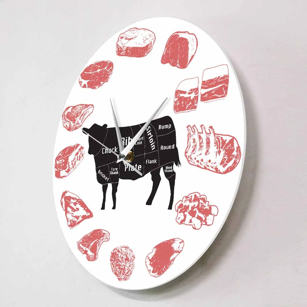 Angus Beef Chart Minimalist Wall Clock Steak House Farmhouse Kitchen Wall Art Silent Quartz Clock Cow Meat Cut Butcher Art Clock 2