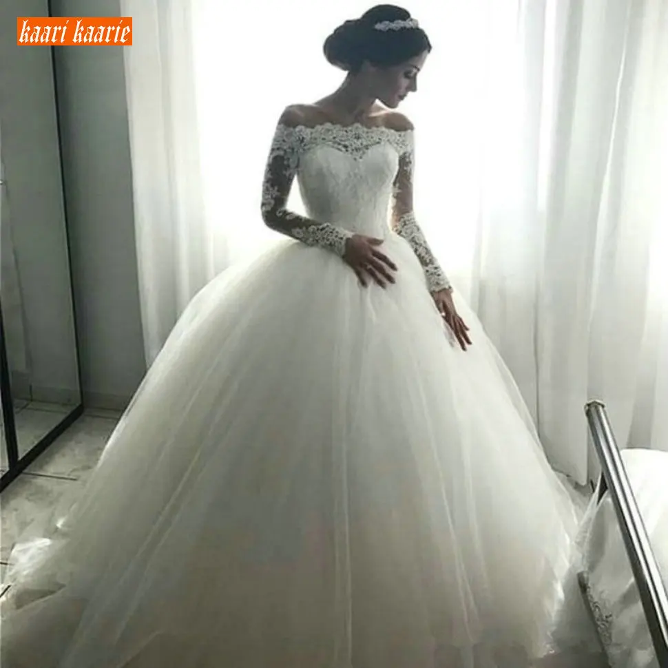 

Elegant Boat Neck Wedding Gowns Long Sleeve Off Shoulder Ball Gown Wedding Dress Lace Applique Tulle Floor Length Bridal Dresses