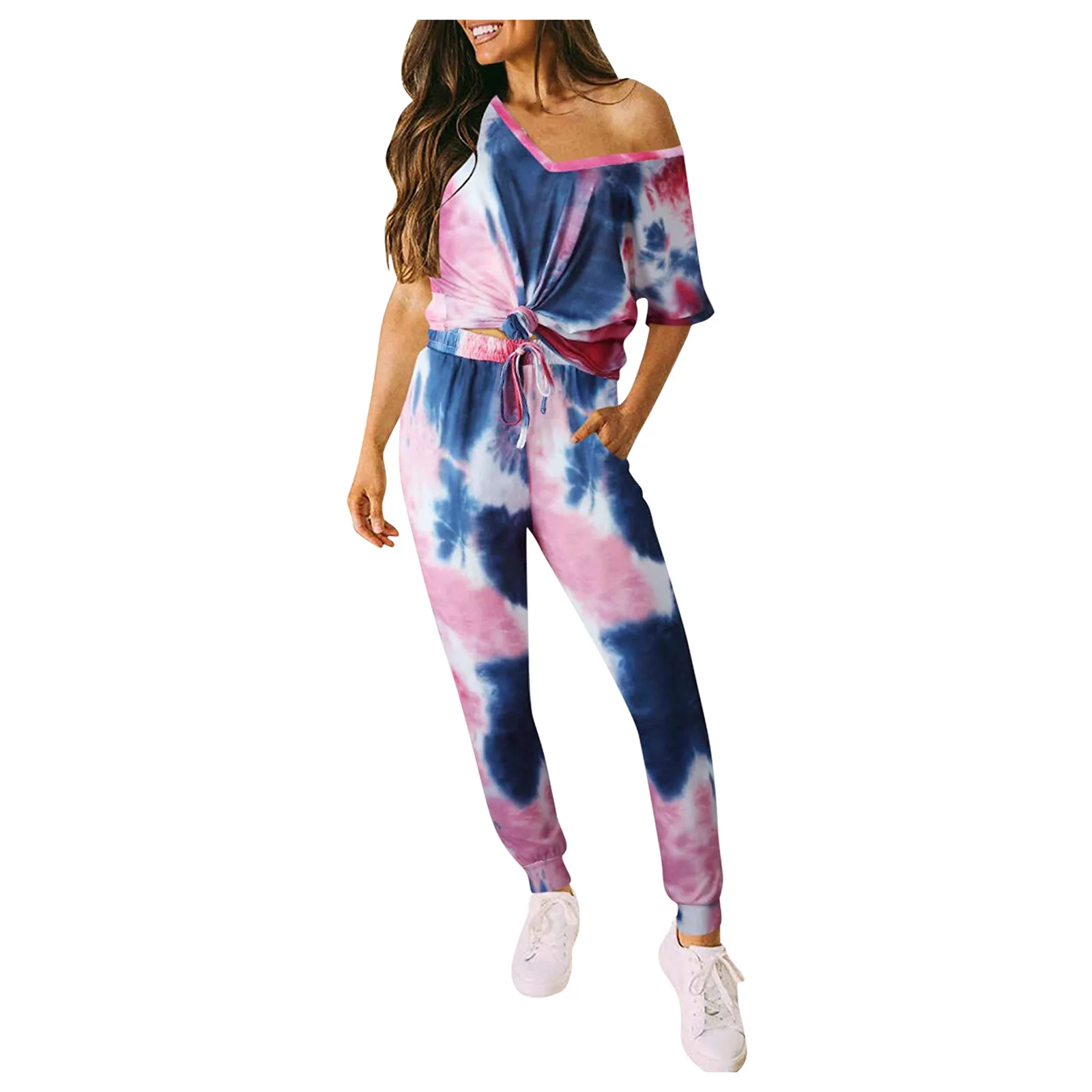 Summer Sportswear Women's Casual Positioning Tie-dye V-neck Short-sleeved Footwear Suit Fitness Workout Running Tracksuit#G30 2