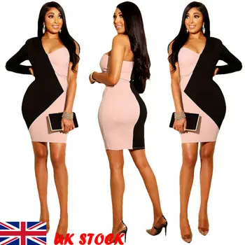 

Summer Pencil Dresses 2019 New Women Summer Sexy One Long Sleeve V Neck Black and Pink Patchwork Short Pencil Dress