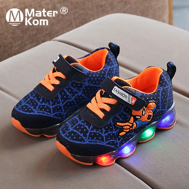 US $7.41 Size21-36 Luminous Kids Shoes for Boys Girls Spiderman LED Light Children Luminous Sneakers Mesh Sp