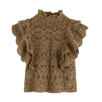 

Autumn 2019 new lace hollow collar sleeveless lotus leaf edge laminated decorative texture shirt