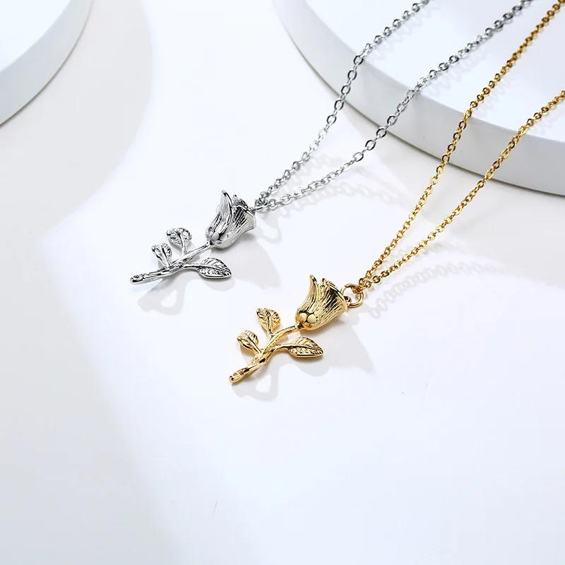 Rose Flower Pendant Necklace, Stainless 