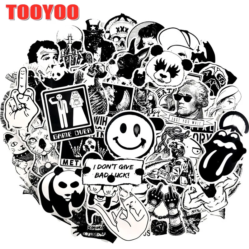 60Pcs/set Cartoon Black And White PVC Waterproof Sticker For DIY TOY Guitar Scrapbook Skateboard Snowboard Laptop Luggage
