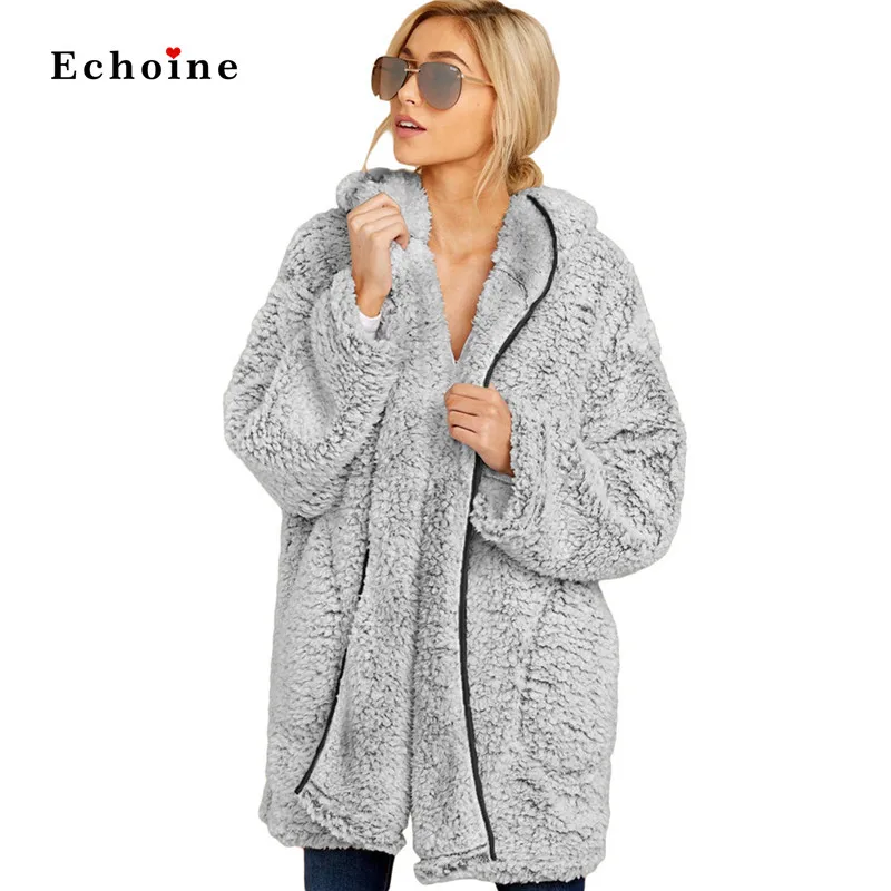 Echoine, Женское шерстяное пальто, теплая плюшевая куртка, повседневная, с длинным рукавом, с карманами, негабаритный, Highstreet, Свободный кардиган, Минималистичная уличная одежда