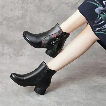 

National Style Big Size Genuine Leather Shoes Women Boots Heels Fashion Warm Ankle Boots Women Heel 5cm Boots Winter Woman Pumps