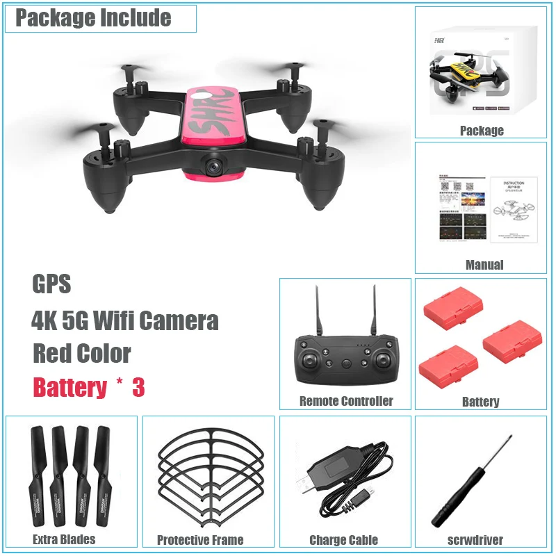 Gps беспилотный Радиоуправляемый квадрокоптер с 5G Wifi FPV 4K HD камерой Follow Me Drone с автоматическим возвратом Радиоуправляемый вертолет с безголовым режимом детские игрушки - Цвет: Red GPS 5G Bat 3