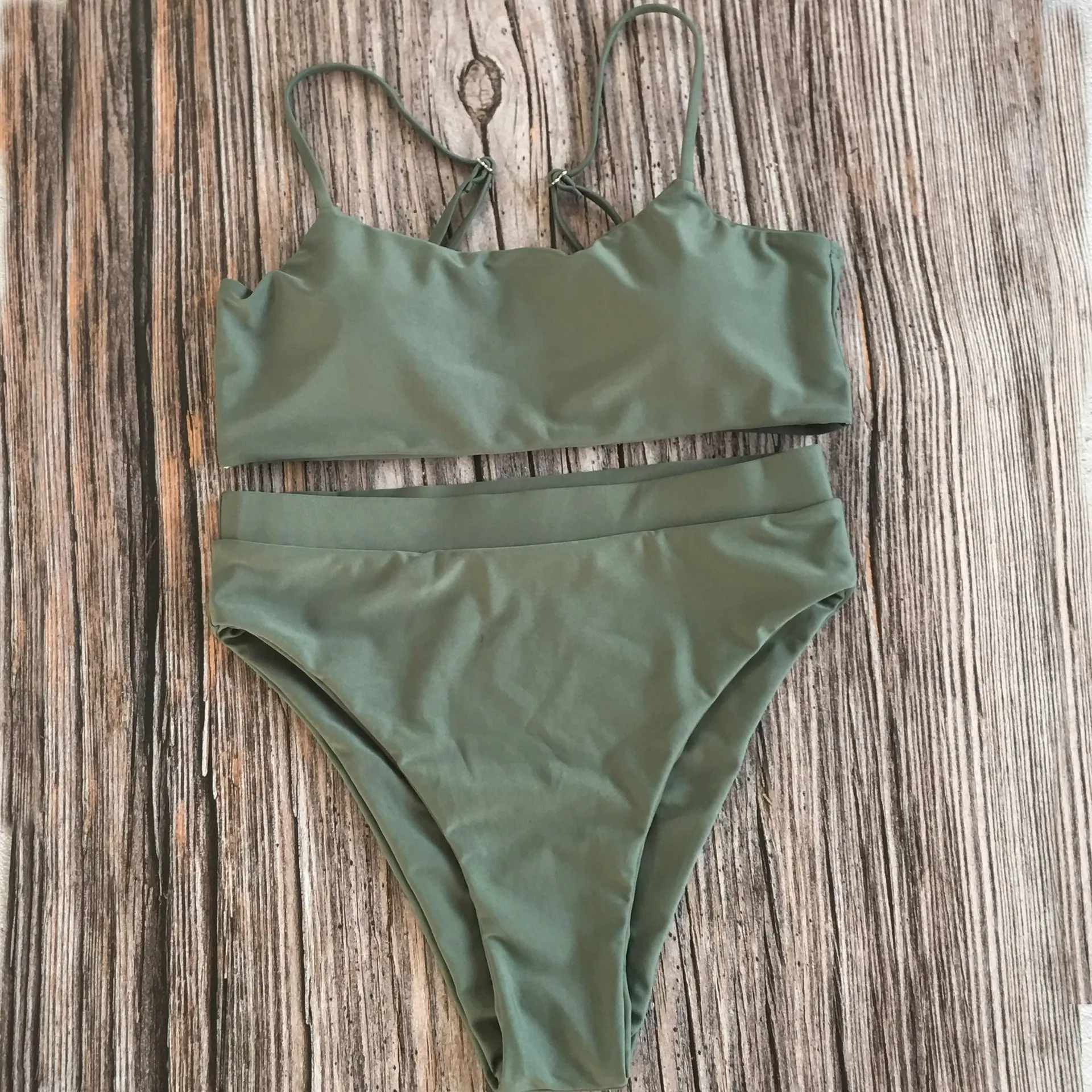 Сексуальный комплект бикини с высокой талией, популярный купальник, бикини из двух частей, Одноцветный высококачественный купальник для женщин, модная пляжная одежда - Цвет: Army Green