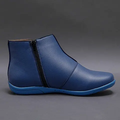 Women Walking Shoes Ankle Boots PU Leather Outdoor Sport Sneakers Soft Flat Woman Short Boots Ladies Slip-on Footwear Bota Mujer - Цвет: Синий